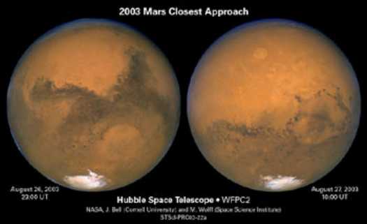 Mars, twin pictures at closest approach at August 27, 2003